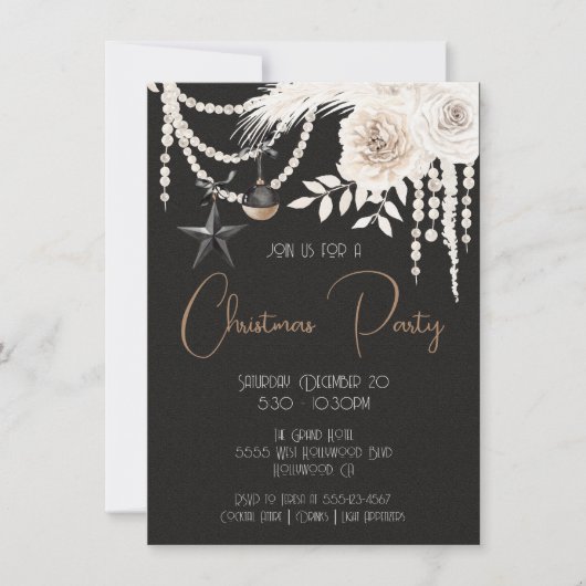 Elegant Pearl Floral Black & White Kerstparty Kaart (Voorkant)