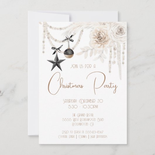 Elegant Pearl Floral Black & White Kerstparty Kaart (Voorkant)