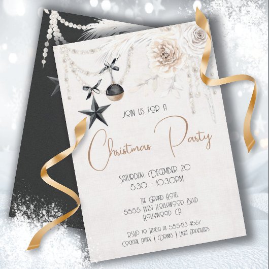 Elegant Pearl Floral Black & White Kerstparty Kaart