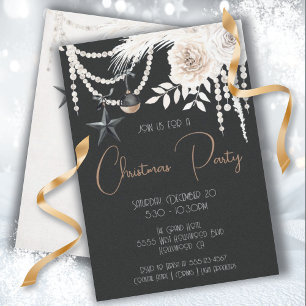 Elegant Pearl Floral Black & White Kerstparty Kaart