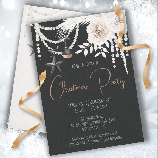 Elegant Pearl Floral Black & White Kerstparty Kaart