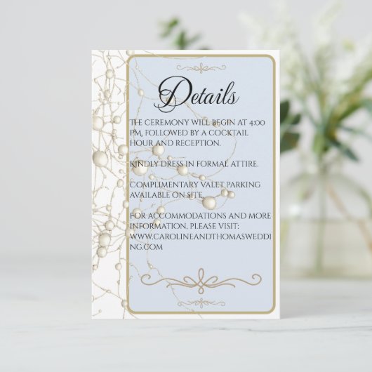 Elegant Pearl Gold Script Wedding Romantic Pearls Informatiekaartje (Staand voorkant)