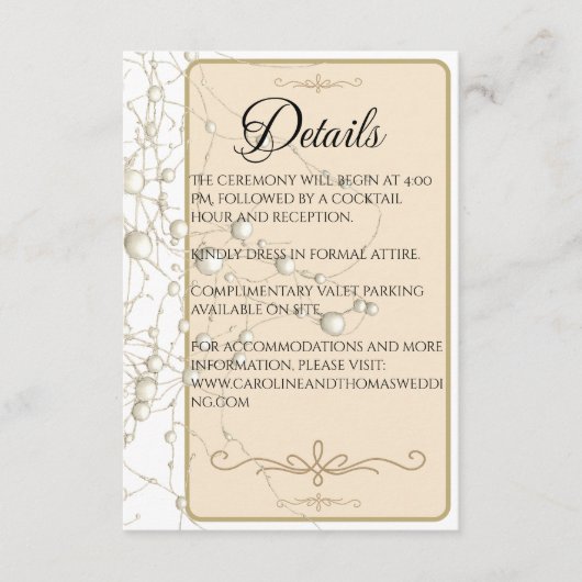 Elegant Pearl Gold Script Wedding Romantic Pearls Informatiekaartje (Voorkant)