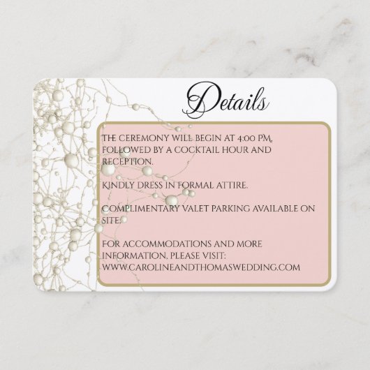 Elegant Pearl Gold Script Wedding Romantic Pearls Informatiekaartje (Voorkant)