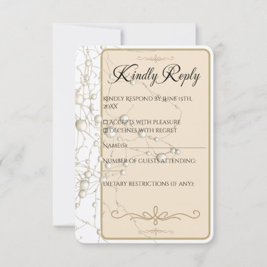 Elegant Pearl Gold Script Wedding Romantic Pearls RSVP Kaartje (Voorkant)