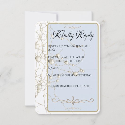 Elegant Pearl Gold Script Wedding Romantic Pearls RSVP Kaartje (Voorkant)