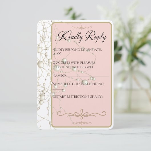 Elegant Pearl Gold Script Wedding Romantic Pearls RSVP Kaartje (Staand voorkant)