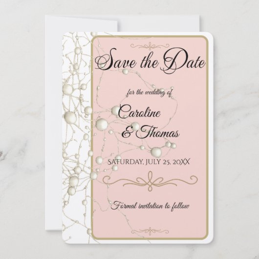 Elegant Pearl Gold Script Wedding Romantic Pearls Save The Date (Voorkant)