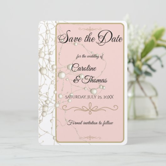 Elegant Pearl Gold Script Wedding Romantic Pearls Save The Date (Staand voorkant)