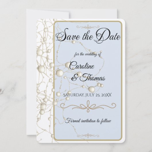 Elegant Pearl Gold Script Wedding Romantic Pearls Save The Date (Voorkant)