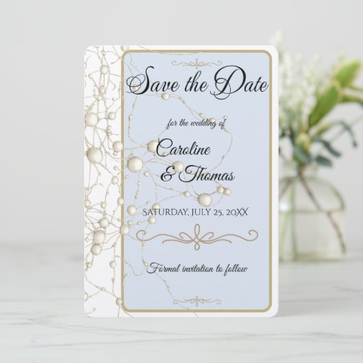 Elegant Pearl Gold Script Wedding Romantic Pearls Save The Date (Staand voorkant)