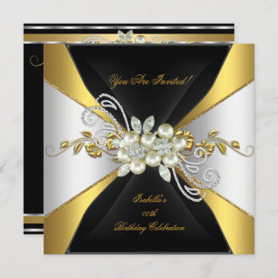 Elegant Pearl Gold Silver Diamond Birthday Party 3 Kaart