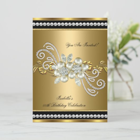 Elegant Pearl Gold Silver Diamond Birthday Party 7 Kaart (Staand voorkant)