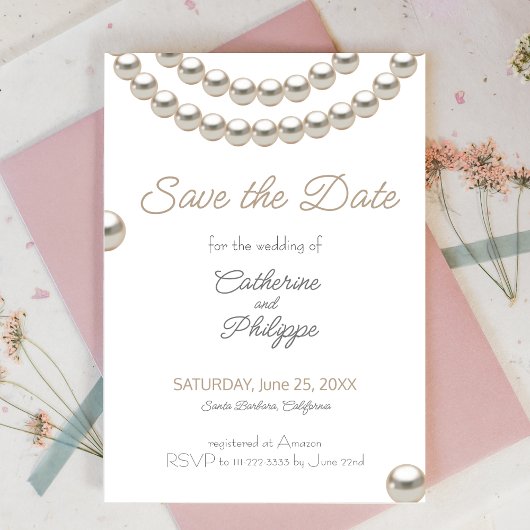 Elegant Pearl ketting Save the Date Kaart