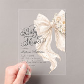 Elegant Pearl White Bow Floral Baby Shower Acryl Uitnodigingen (Insitu (Draagbaar))