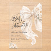 Elegant Pearl White Bow Floral Baby Shower Acryl Uitnodigingen (Voorkant)