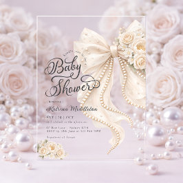 Elegant Pearl White Bow Floral Baby Shower Acryl Uitnodigingen