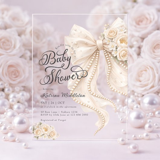 Elegant Pearl White Bow Floral Baby Shower Acryl Uitnodigingen
