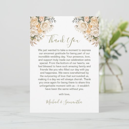 Elegant Pearl White en Ivoor Roos bruiloft Bedankkaart (Staand voorkant)