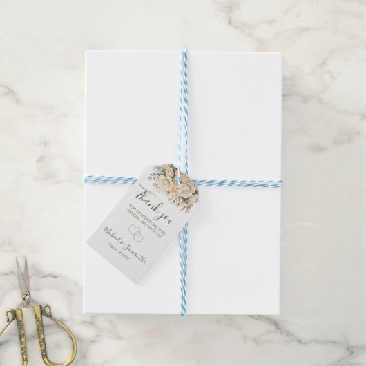 Elegant Pearl White en Ivoor Roos bruiloft Cadeaulabel (Met Touw)