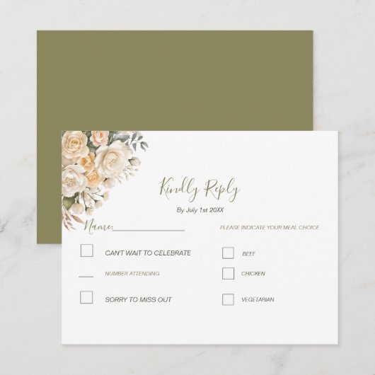 Elegant Pearl White en Ivoor Roos bruiloft RSVP Kaartje (Voorkant / Achterkant)
