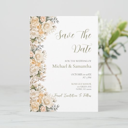 Elegant Pearl White en Ivoor Roos bruiloft Save The Date (Staand voorkant)