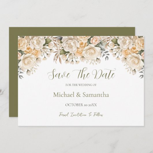 Elegant Pearl White en Ivoor Roos bruiloft Save The Date (Voorkant / Achterkant)