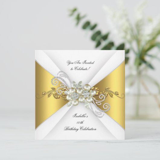 Elegant Pearl Yellow Gold Silver Diamond Birthday Kaart (Staand voorkant)