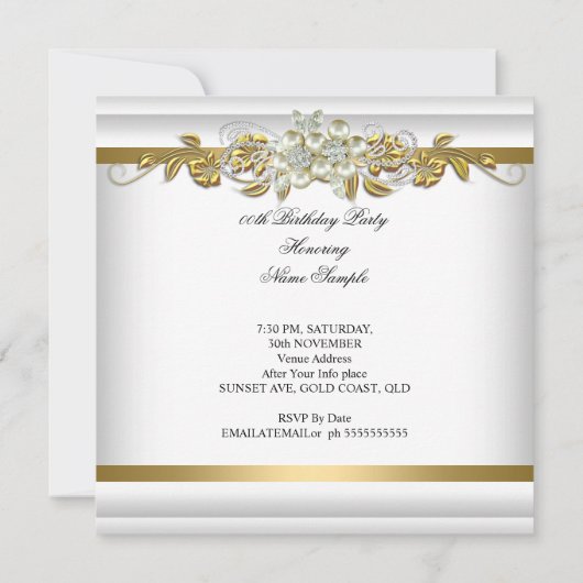 Elegant Pearl Yellow Gold Silver Diamond Birthday Kaart (Achterkant)