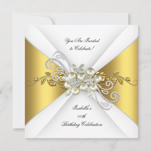 Elegant Pearl Yellow Gold Silver Diamond Birthday Kaart (Voorkant)