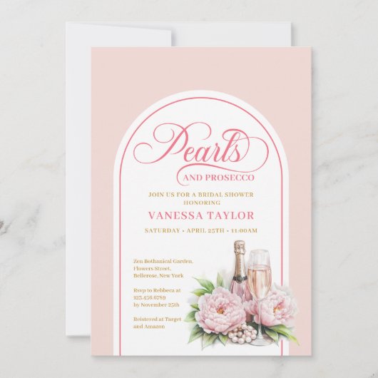 Elegant Pearls and Prosecco Bridal Shower Invite Kaart (Voorkant)