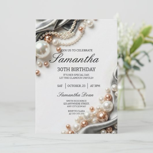 Elegant Pearls and Satin 30th Birthday Invitation Kaart (Staand voorkant)