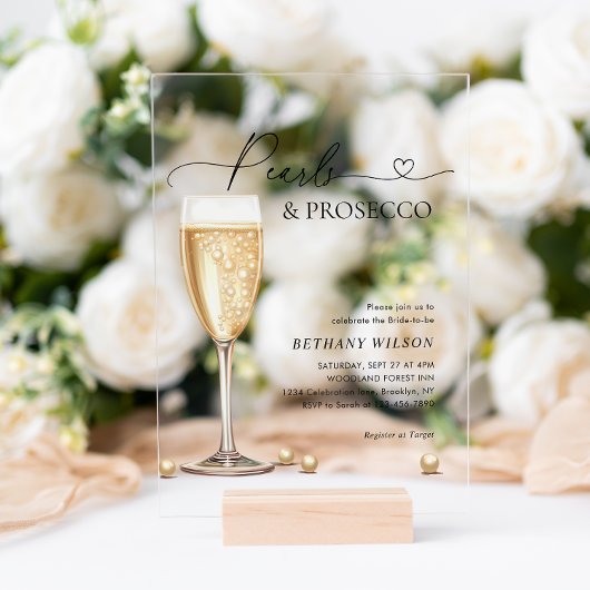 Elegant Pearls en Prosecco Script Vrijgezellenfees Acryl Uitnodigingen