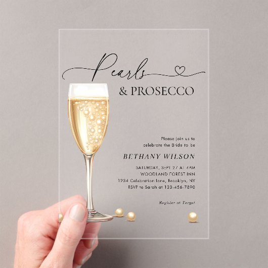 Elegant Pearls en Prosecco Script Vrijgezellenfees Acryl Uitnodigingen (Insitu (Draagbaar))
