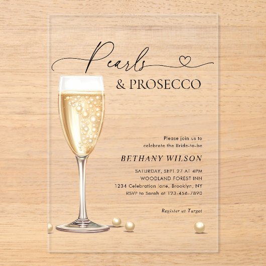 Elegant Pearls en Prosecco Script Vrijgezellenfees Acryl Uitnodigingen (Voorkant)