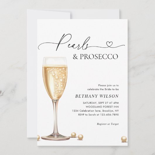 Elegant Pearls en Prosecco Script Vrijgezellenfees Kaart (Voorkant)