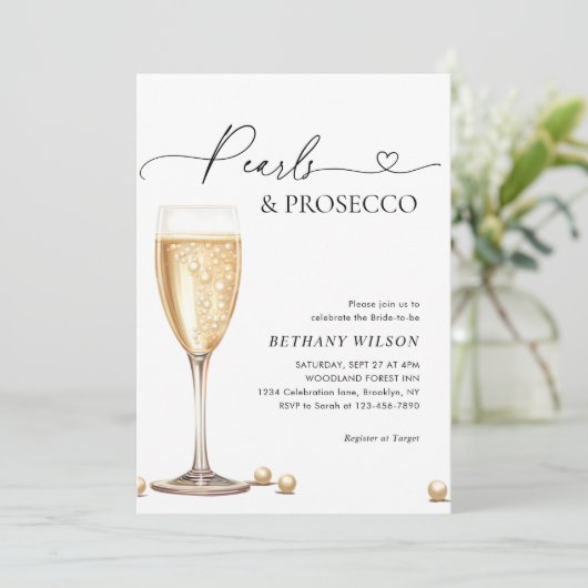 Elegant Pearls en Prosecco Script Vrijgezellenfees Kaart (Staand voorkant)