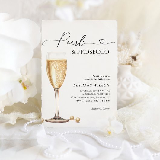 Elegant Pearls en Prosecco Script Vrijgezellenfees Kaart
