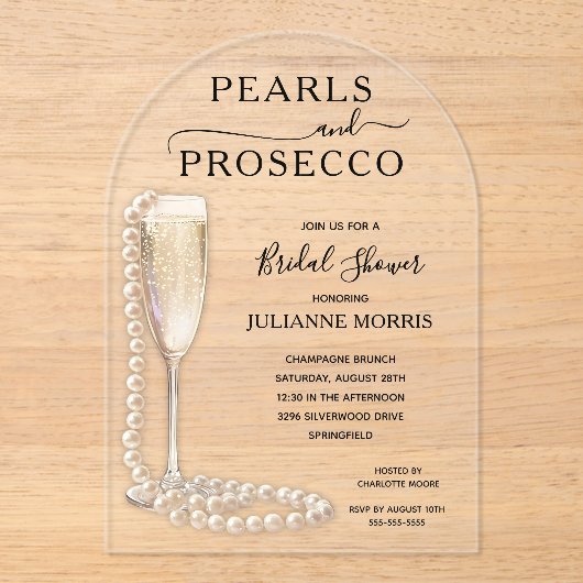 Elegant Pearls en Prosecco Vrijgezellenfeest Acryl Uitnodigingen (Voorkant)
