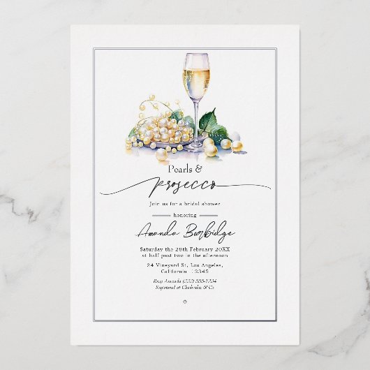 Elegant Pearls en Prosecco Vrijgezellenfeest Folie Uitnodiging (Voorkant)