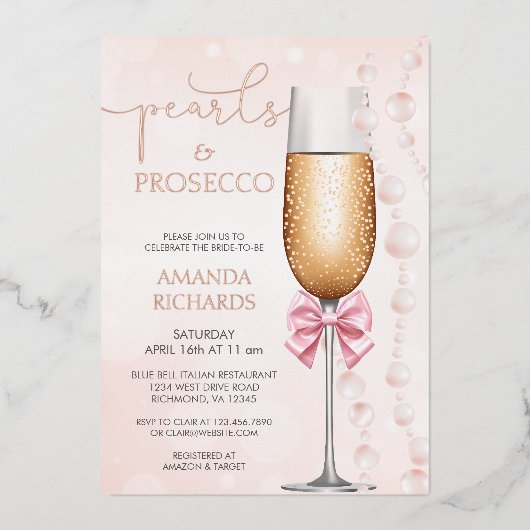 Elegant Pearls en Prosecco Vrijgezellenfeest Folie Uitnodiging (Voorkant)