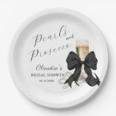 Elegant Pearls & Prosecco Black Bow Bridal Shower Papieren Bordje (Voorkant)