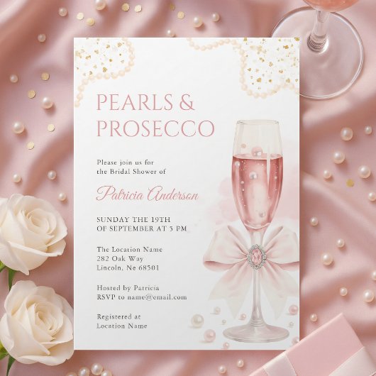Elegant Pearls & Prosecco Bridal Shower Invitation Kaart