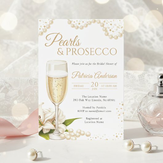 Elegant Pearls & Prosecco Bridal Shower Invitation Kaart