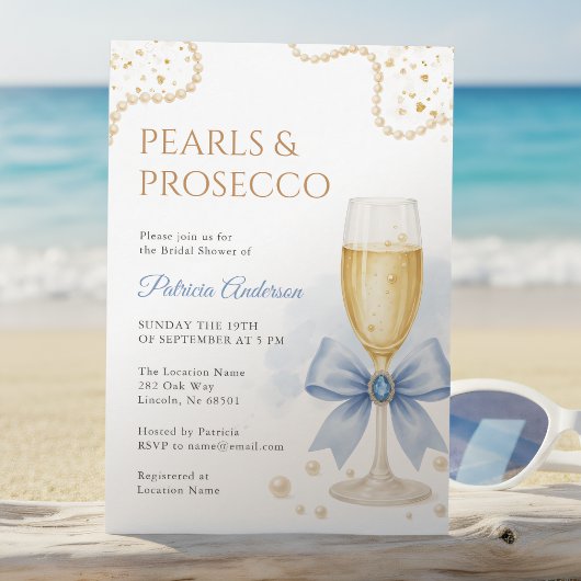 Elegant Pearls & Prosecco Bridal Shower Invitation Kaart
