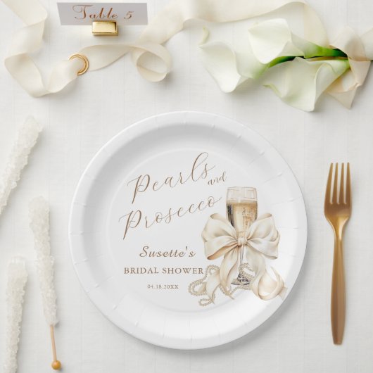 Elegant Pearls & Prosecco Bridal Shower Papieren Bordje (Huwelijk)
