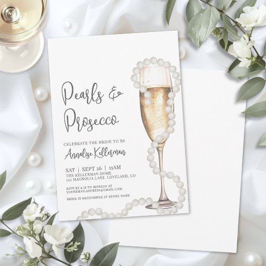 Elegant Pearls & Prosecco Champagne Bridal Shower Kaart
