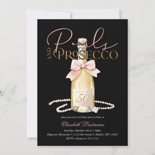 Elegant Pearls & Prosecco Pink Bow 50th Birthday Kaart (Voorkant)