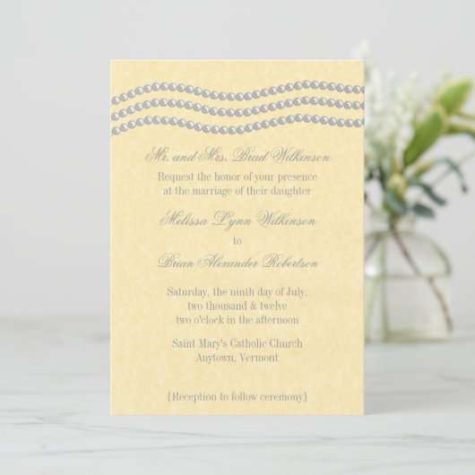 Elegant Pearls Wedding Invitation, Ivory Kaart (Staand voorkant)