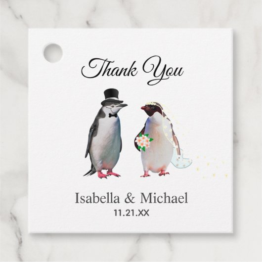 Elegant Penguin Couple Dank je huwelijk Bedankjes Labels (Voorkant)